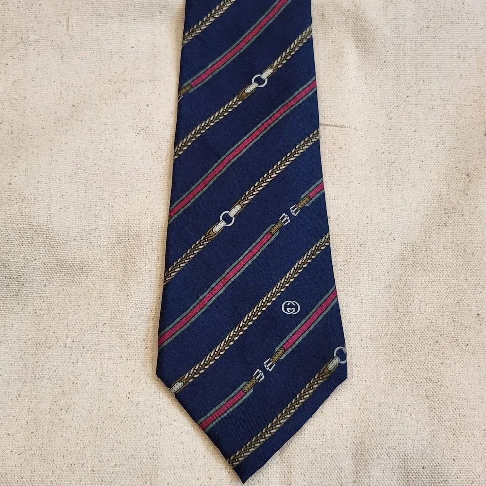 Vintage GUCCI Silk Necktie Navy Web Stripe Belt Rope Equestrian Tie Horsebit